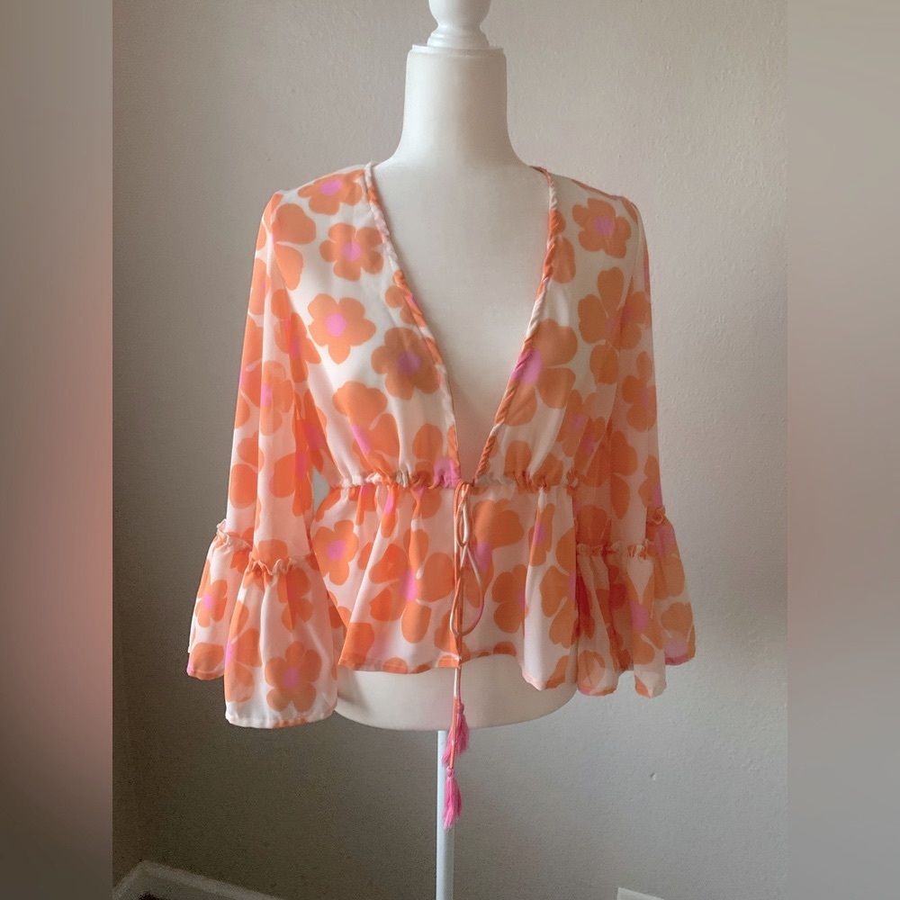 Girl Soul Floral Sheer Blouse with Bell Sleeves Size Small - Picture 1 of 5